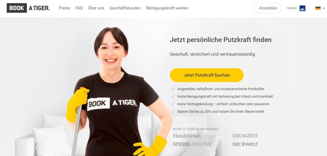 Auf dem Bild ist die Website von Book a Tiger abgebildet