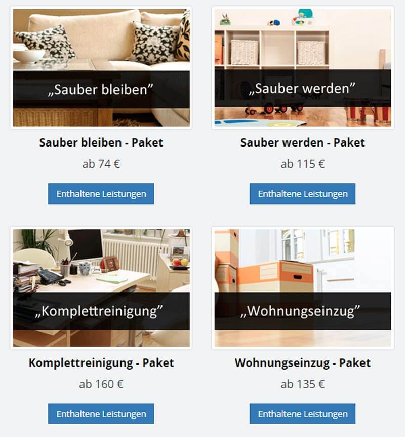 Screenshot mit Putzpaketen von MaidEasy im Überblick