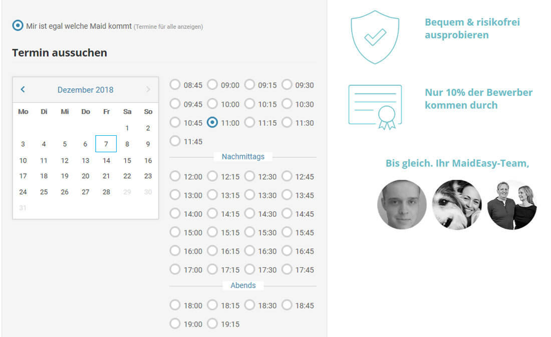 Screenshot vom Buchungsformular mit Termin-Auswahl bei MadeEasychst du online selbst aus.