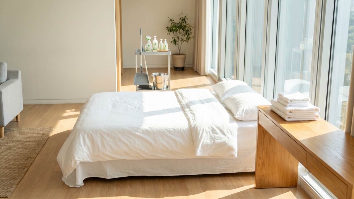 Frisch gereinigte Ferienwohnung mit gemachtem Bett und Handtüchern