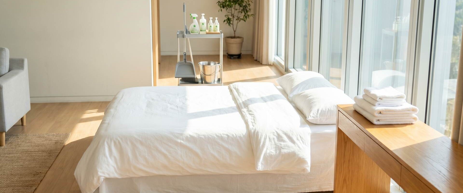 Frisch gereinigte Ferienwohnung mit gemachtem Bett und Handtüchern