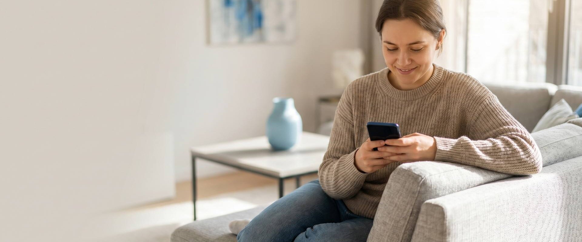 Person bucht auf dem Sofa per Smartphone eine Reinigung