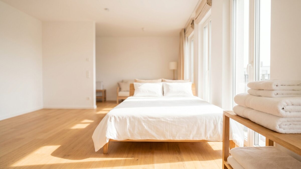 Helle frisch gereinigte Ferienwohnung mit frisch bezogenem Bett