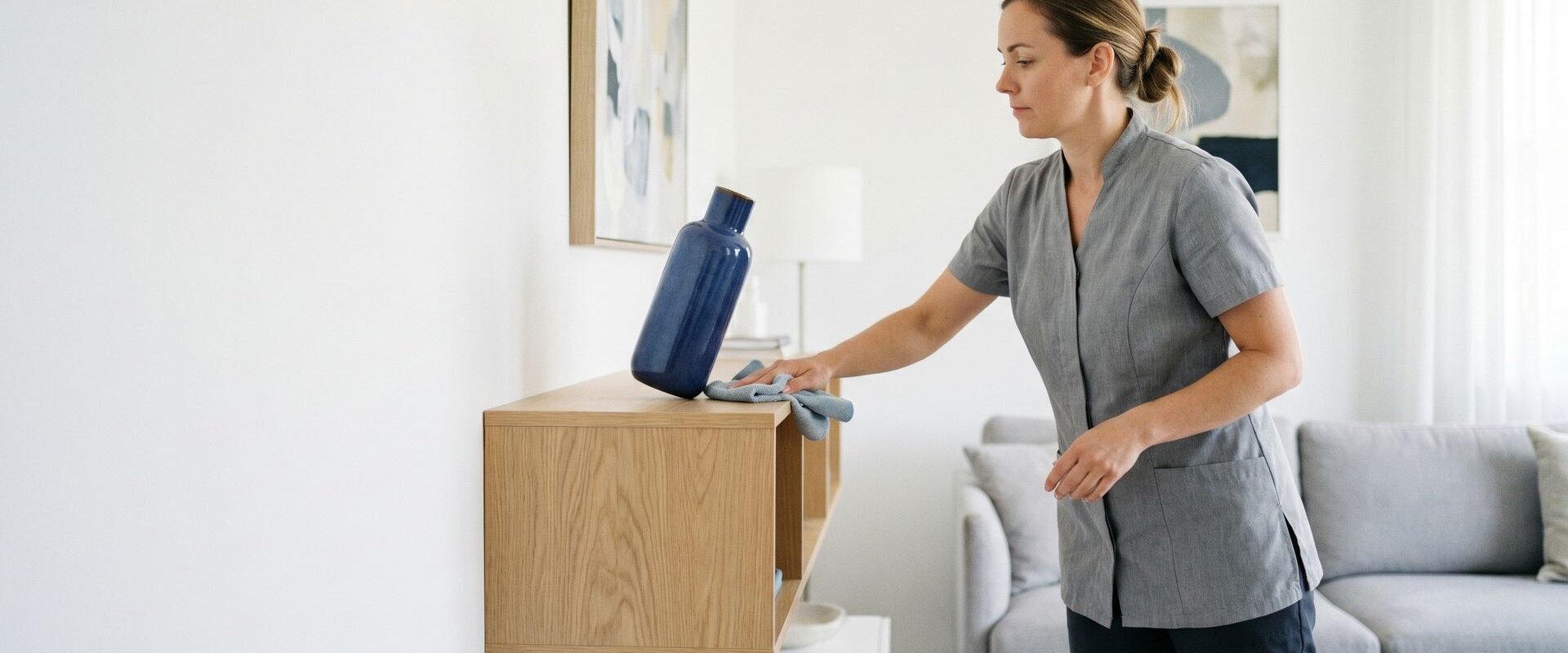 Reinigungskraft im Wohnzimmer, eine Vase kippt nahe der Kante