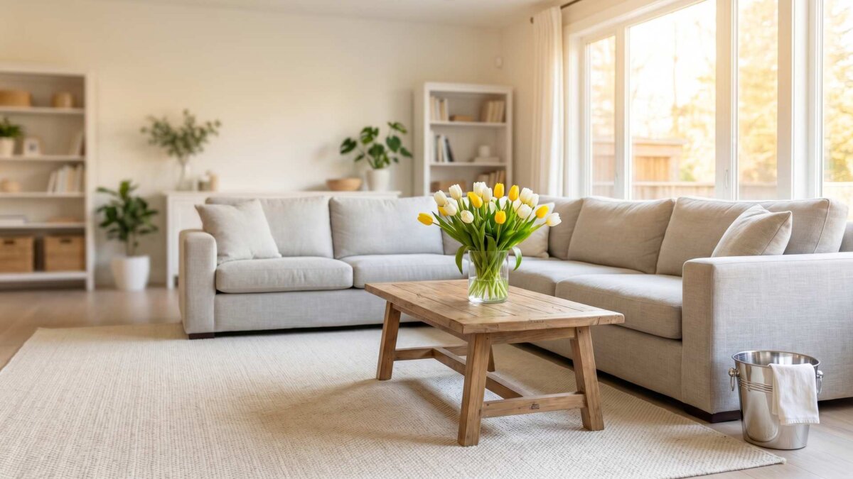 Aufgeräumtes helles Wohnzimmer mit Blumen und Putzeimer in der Ecke