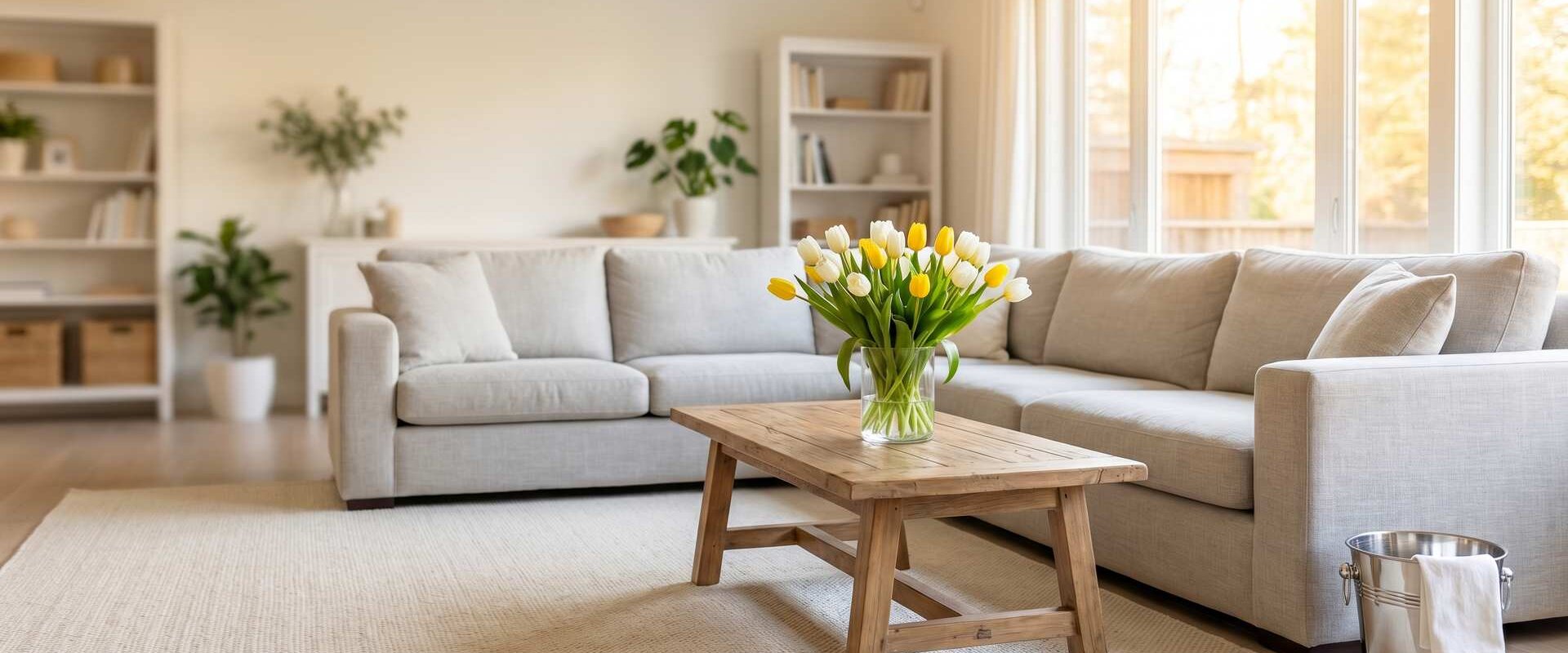 Aufgeräumtes helles Wohnzimmer mit Blumen und Putzeimer in der Ecke