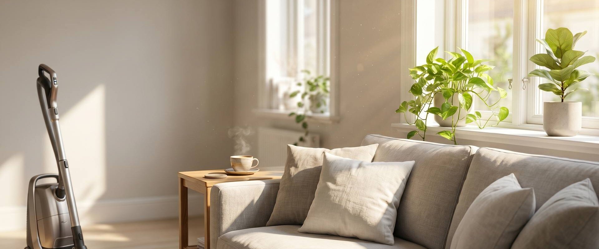 Frisch geputztes sonniges Wohnzimmer am Samstagmorgen mit Staubsauger