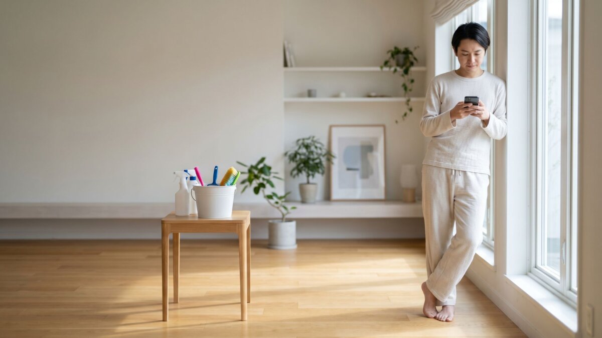 Person prüft am Morgen das Smartphone im aufgeräumten Wohnzimmer