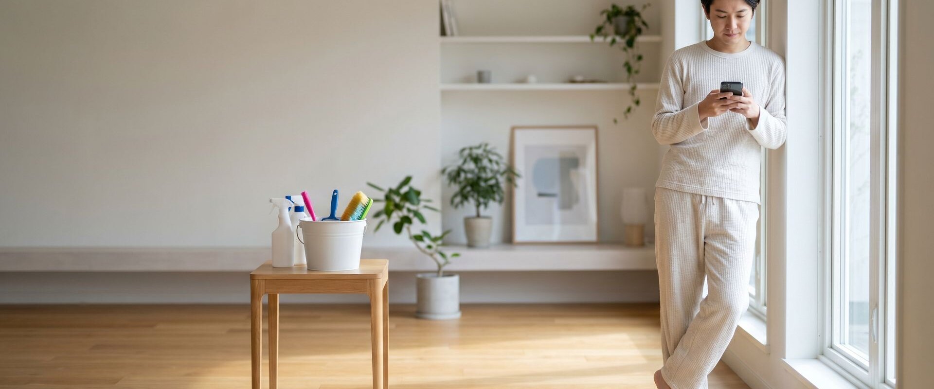 Person prüft am Morgen das Smartphone im aufgeräumten Wohnzimmer