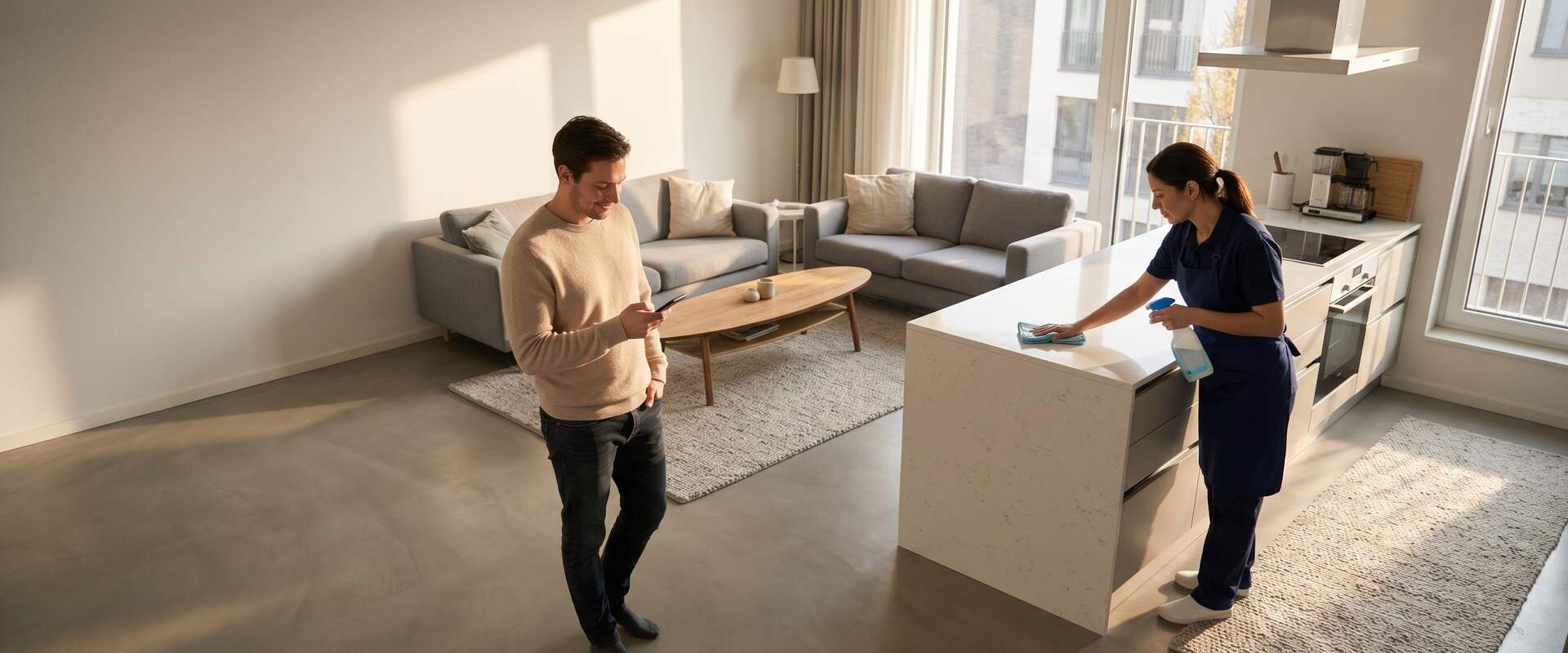 Person mit Smartphone, Reinigungskraft putzt im Hintergrund die Küche