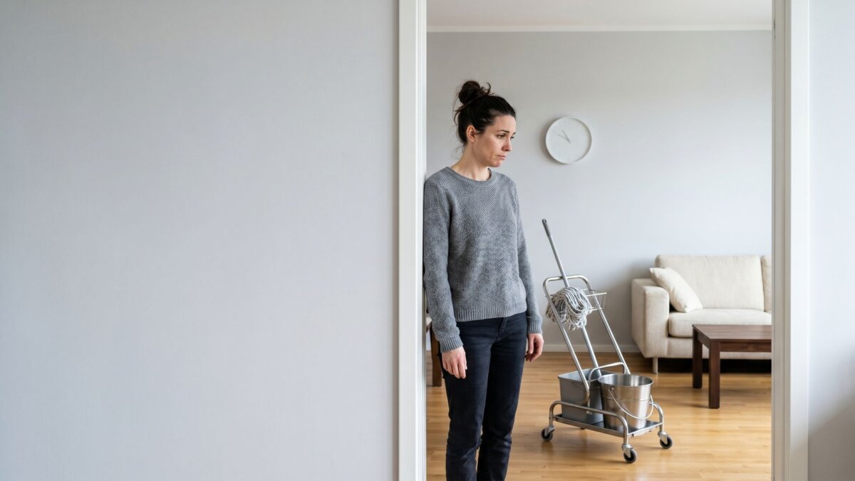 Wartende Person neben einem leeren Putzwagen im Wohnzimmer