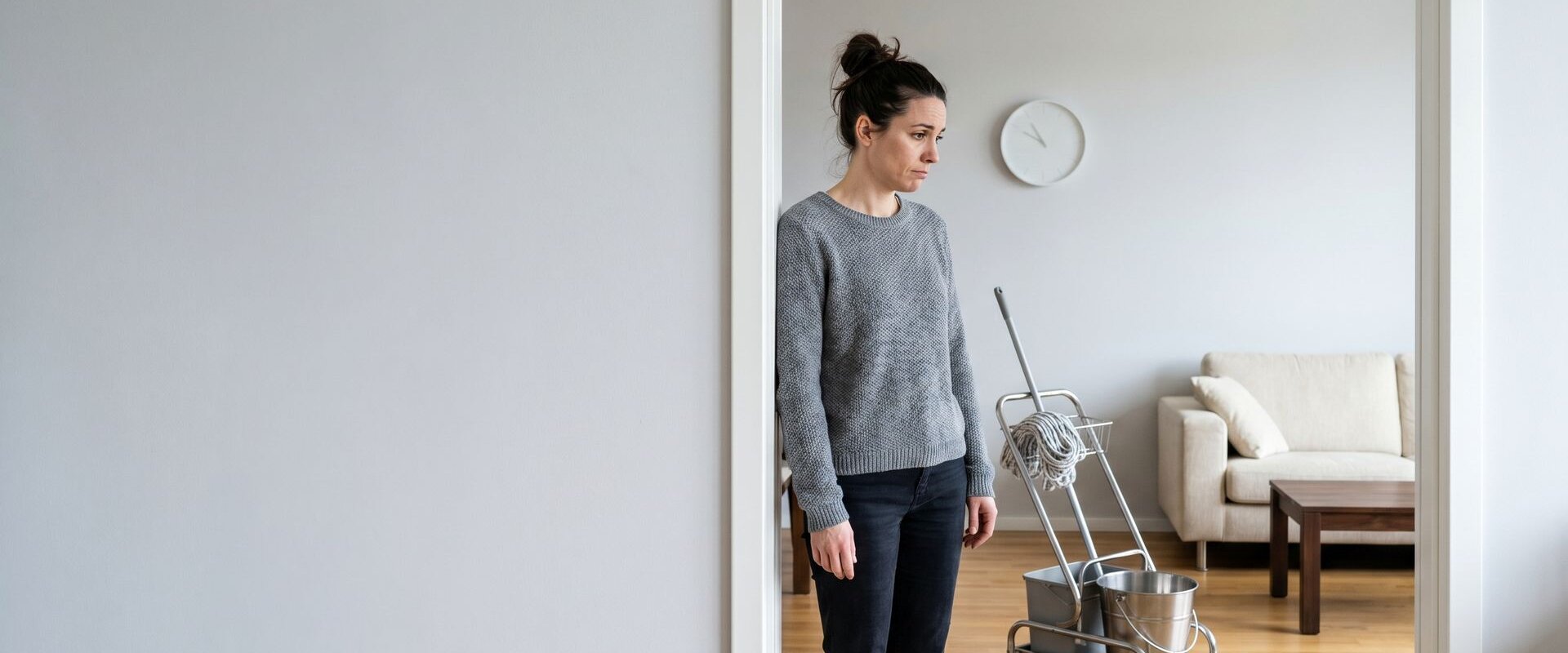 Wartende Person neben einem leeren Putzwagen im Wohnzimmer