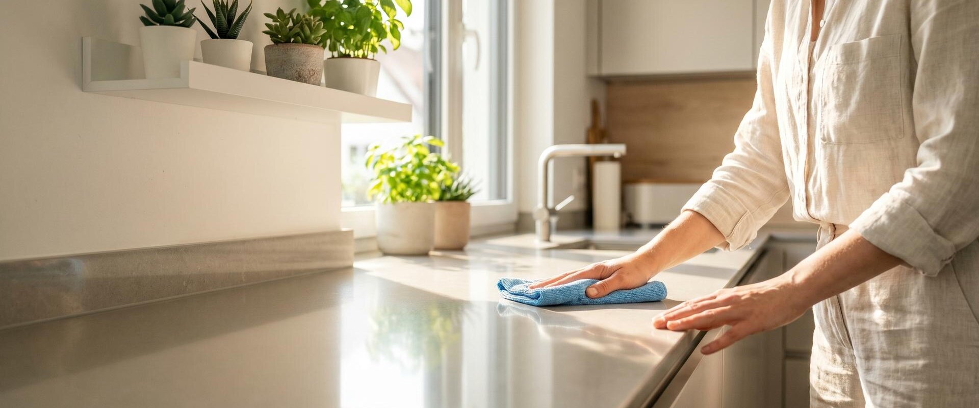 Reinigungskraft wischt eine Küchenarbeitsplatte im sonnigen Raum