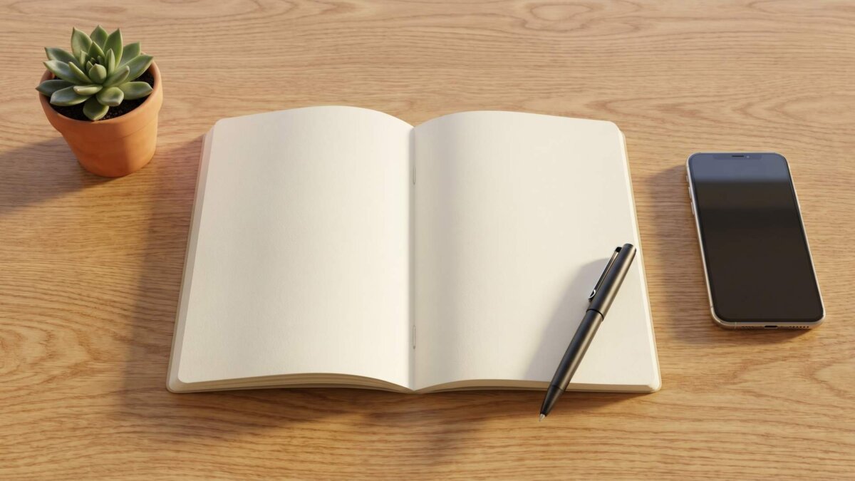Holzschreibtisch von oben mit leerem Notizbuch, Stift, Pflanze und Smartphone