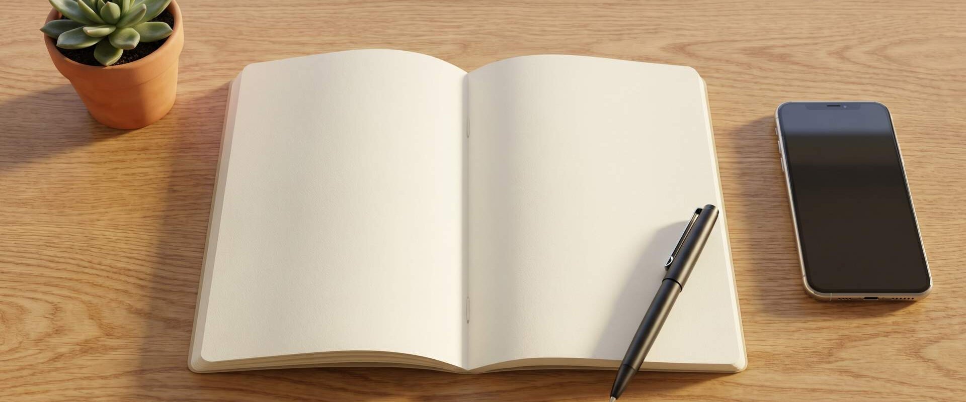 Holzschreibtisch von oben mit leerem Notizbuch, Stift, Pflanze und Smartphone