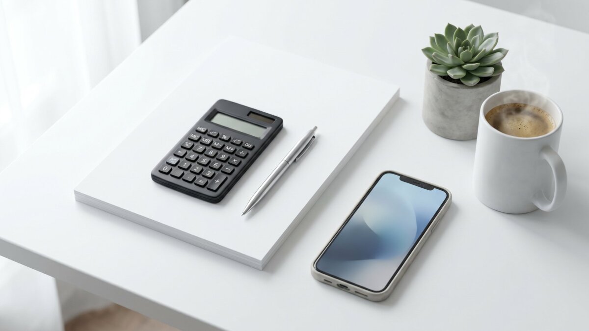 Schreibtisch von oben mit Papierstapel, Taschenrechner, Stift und Smartphone