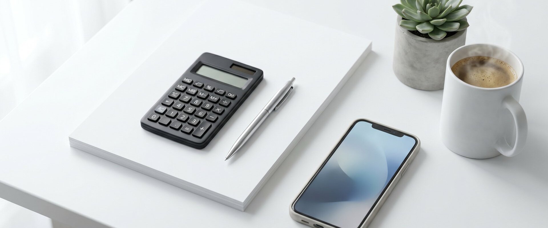 Schreibtisch von oben mit Papierstapel, Taschenrechner, Stift und Smartphone