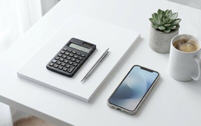 Schreibtisch von oben mit Papierstapel, Taschenrechner, Stift und Smartphone