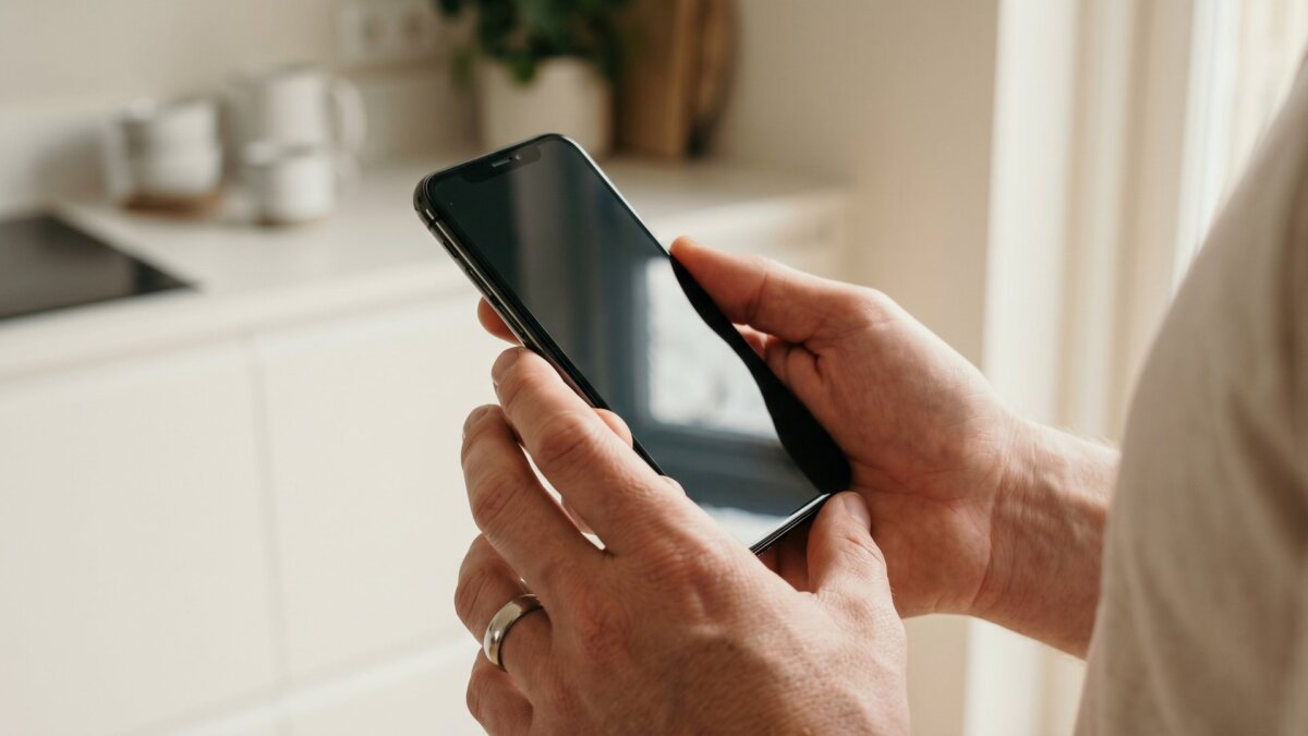 Hände halten ein Smartphone in einer hellen Küche