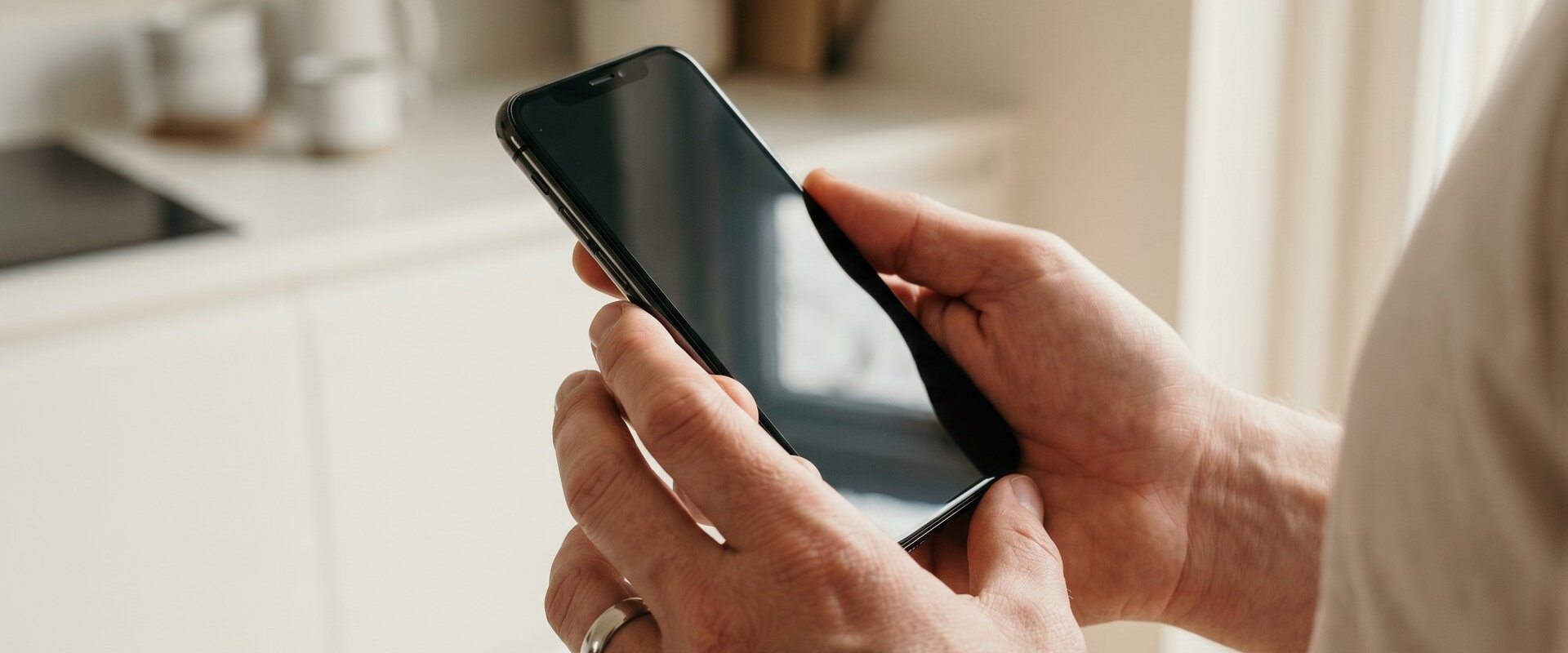 Hände halten ein Smartphone in einer hellen Küche