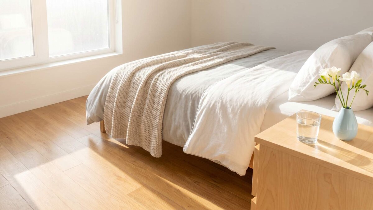 Ruhiges helles Schlafzimmer mit gemachtem Bett, Wasserglas und Blumen