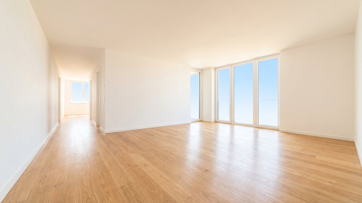 Leere helle Wohnung mit besenrein gekehrtem Boden bei der Übergabe