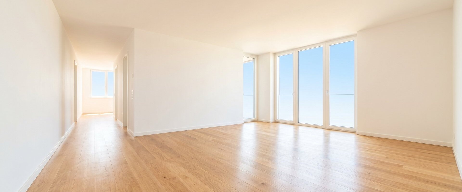 Leere helle Wohnung mit besenrein gekehrtem Boden bei der Übergabe