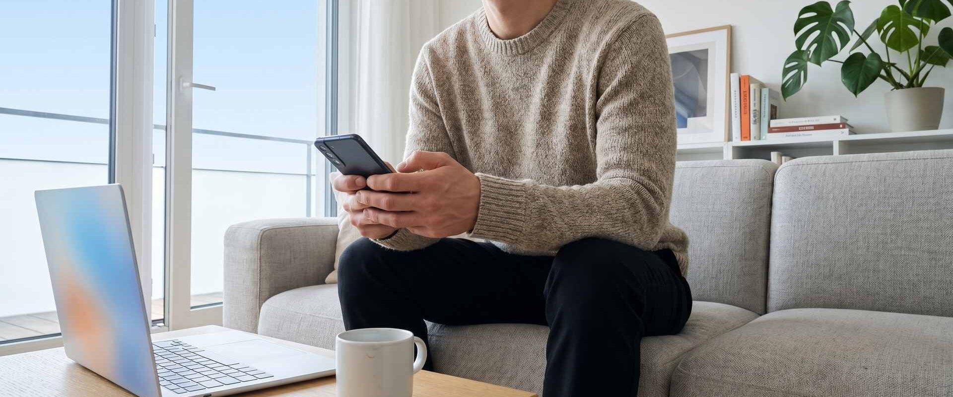 Person auf dem Sofa bucht mit Smartphone, Laptop auf dem Couchtisch