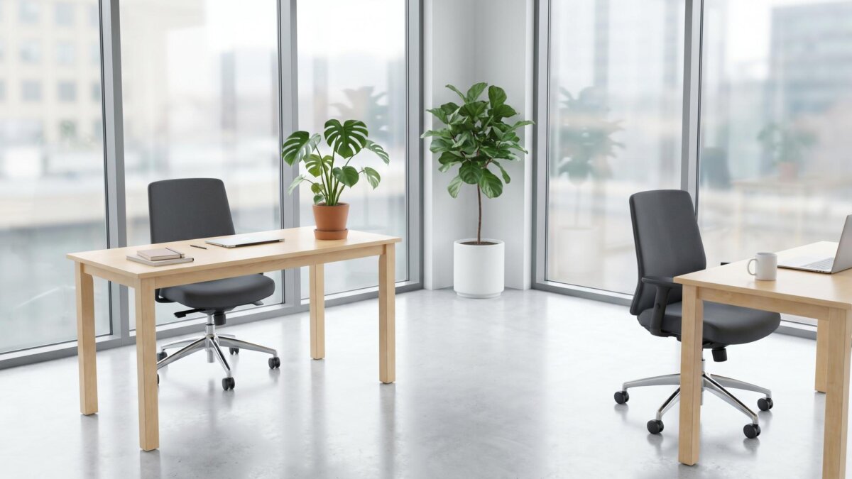 Kleines helles frisch gereinigtes Büro mit Schreibtischen, Stühlen und Pflanzen