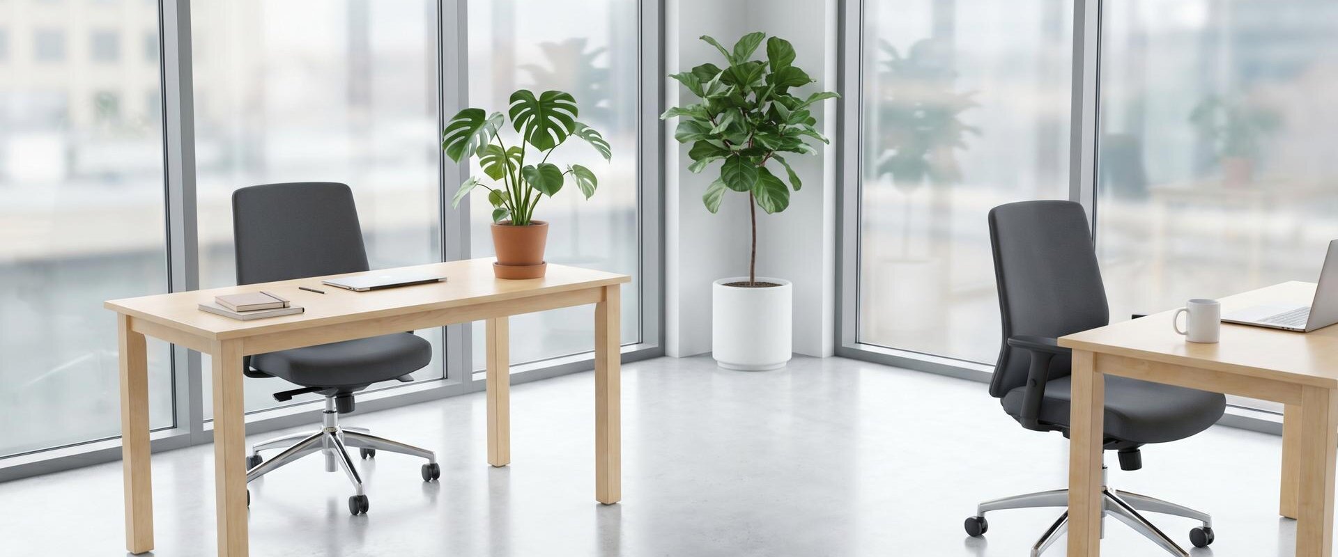 Kleines helles frisch gereinigtes Büro mit Schreibtischen, Stühlen und Pflanzen