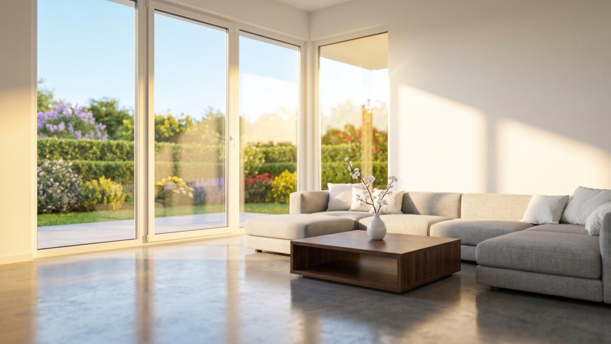 Sonnendurchflutetes Wohnzimmer mit streifenfrei sauberen großen Fensterscheiben