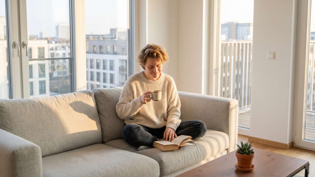 Entspannte Person mit Kaffee und Buch auf dem Sofa in heller sauberer Wohnung