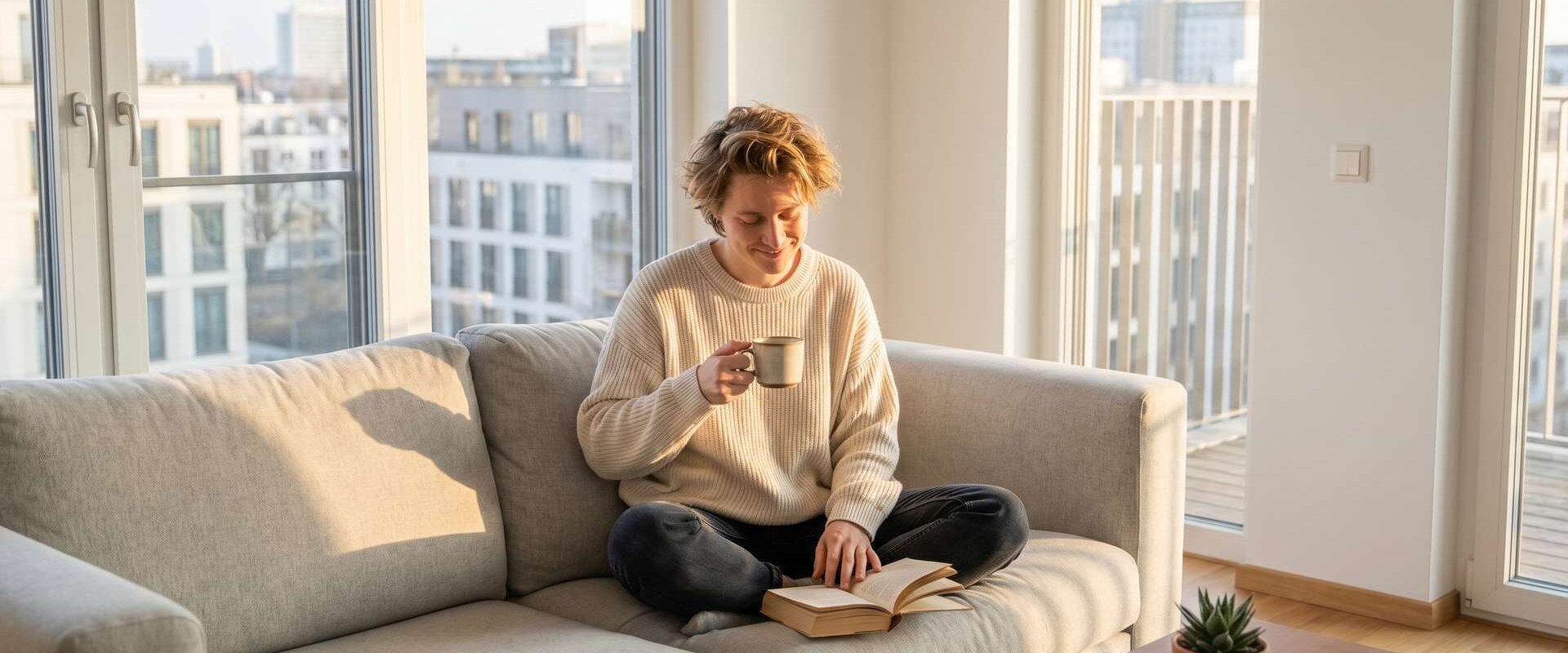 Entspannte Person mit Kaffee und Buch auf dem Sofa in heller sauberer Wohnung