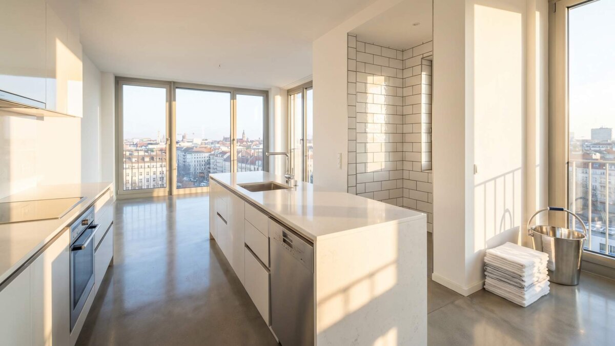 Blitzsaubere moderne Wohnung nach gründlicher Grundreinigung mit glänzenden Oberflächen