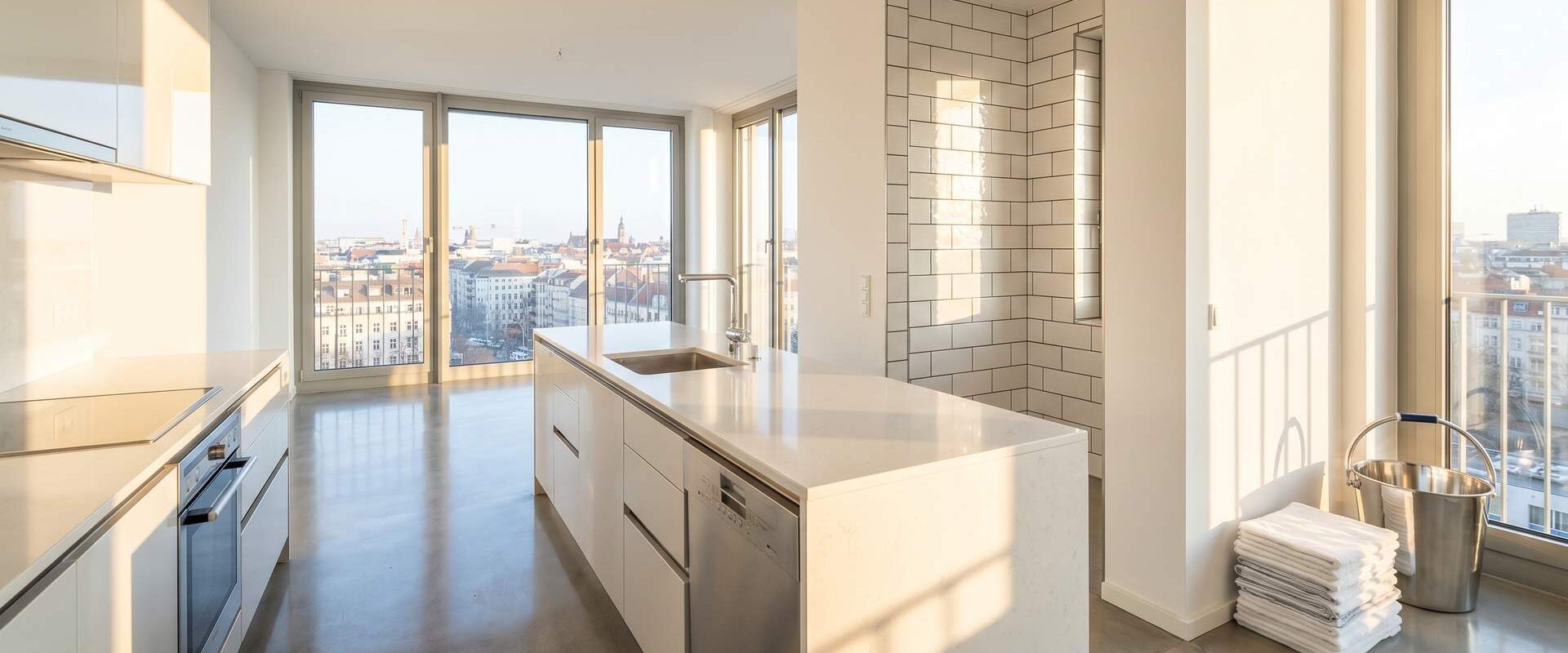 Blitzsaubere moderne Wohnung nach gründlicher Grundreinigung mit glänzenden Oberflächen
