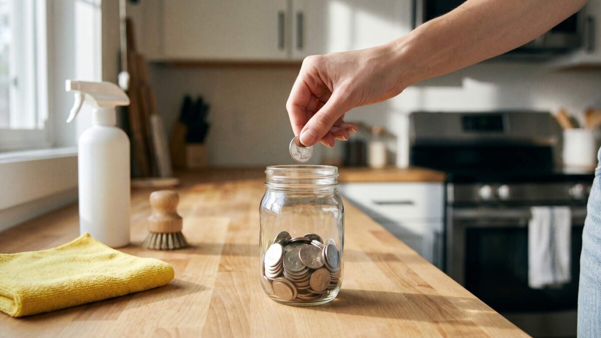 Hand legt eine Münze in ein Glas neben Reinigungsmitteln auf einer Küchenarbeitsplatte