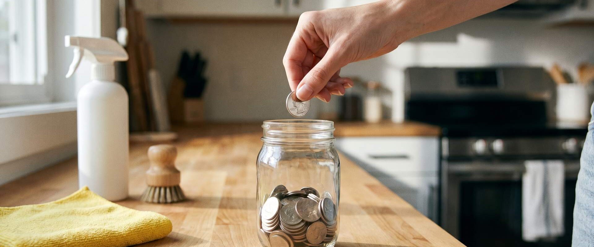 Hand legt eine Münze in ein Glas neben Reinigungsmitteln auf einer Küchenarbeitsplatte