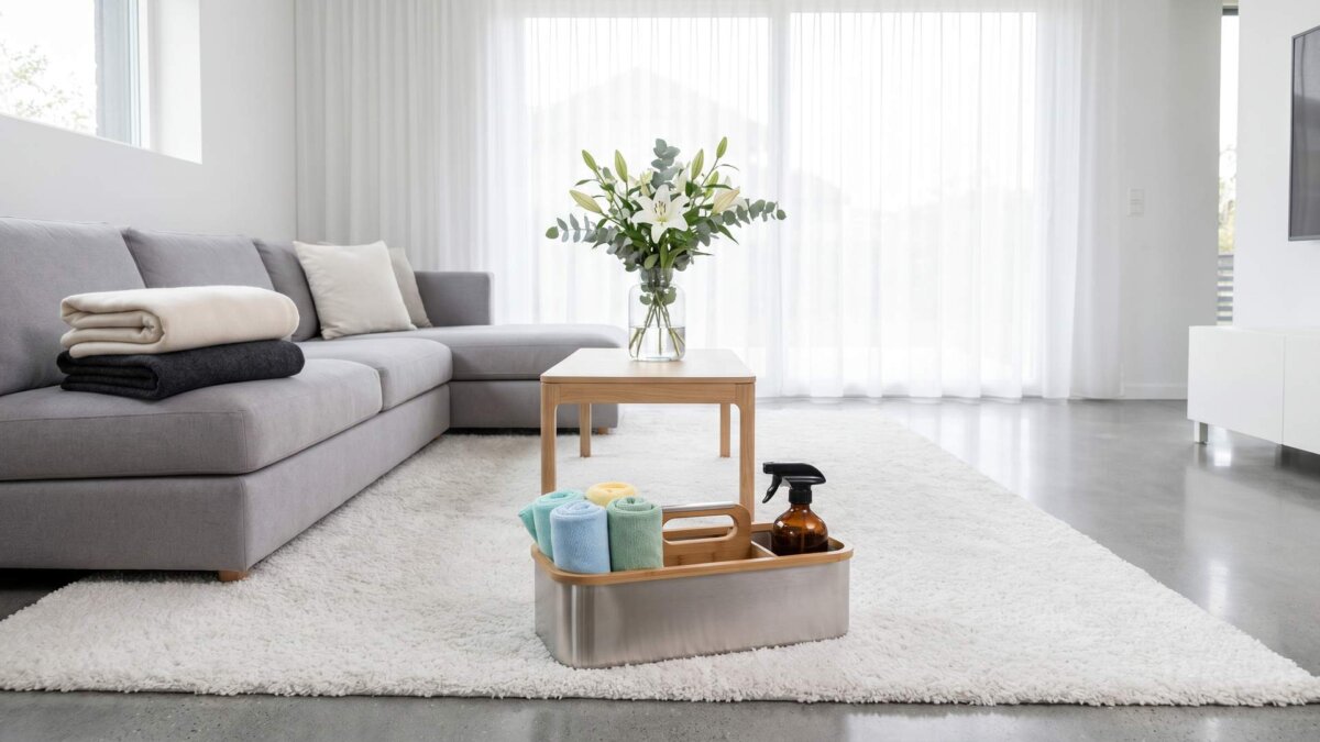 Helles aufgeräumtes Wohnzimmer mit Blumenstrauß und Reinigungsutensilien