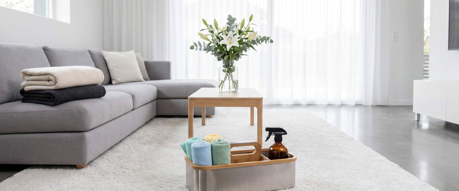 Helles aufgeräumtes Wohnzimmer mit Blumenstrauß und Reinigungsutensilien