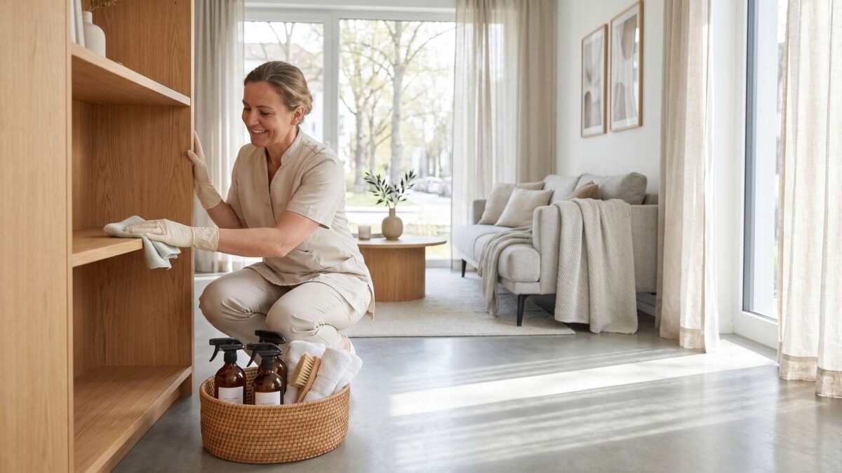 Reinigungskraft wischt ein sonnenbeschienenes Holzregal in einem hellen Wohnzimmer