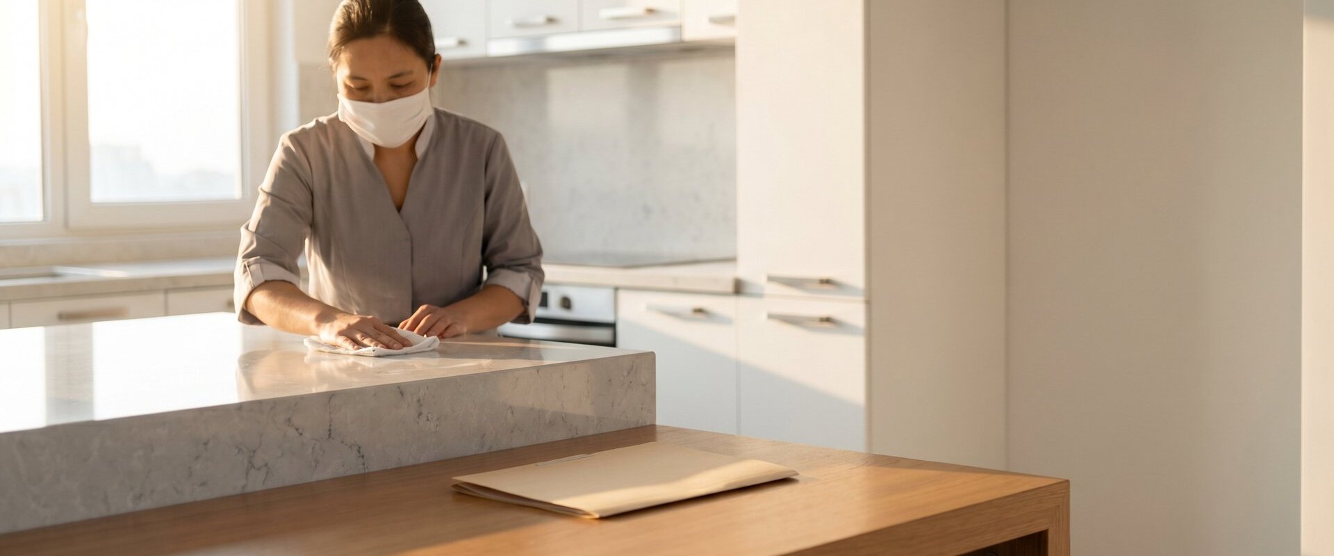 Reinigungskraft wischt eine Küchenarbeitsplatte, Unterlagenmappe im Vordergrund