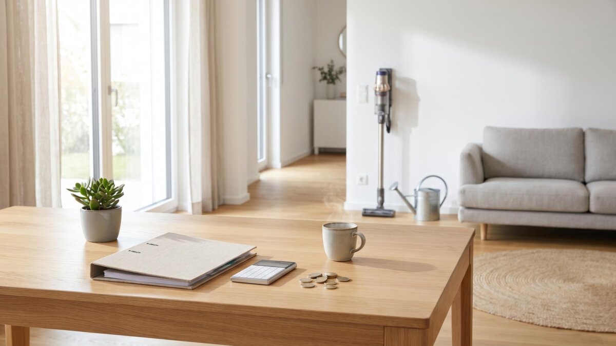 Wohnzimmer mit Tisch, Budgetmappe, Taschenrechner und Staubsauger im Hintergrund