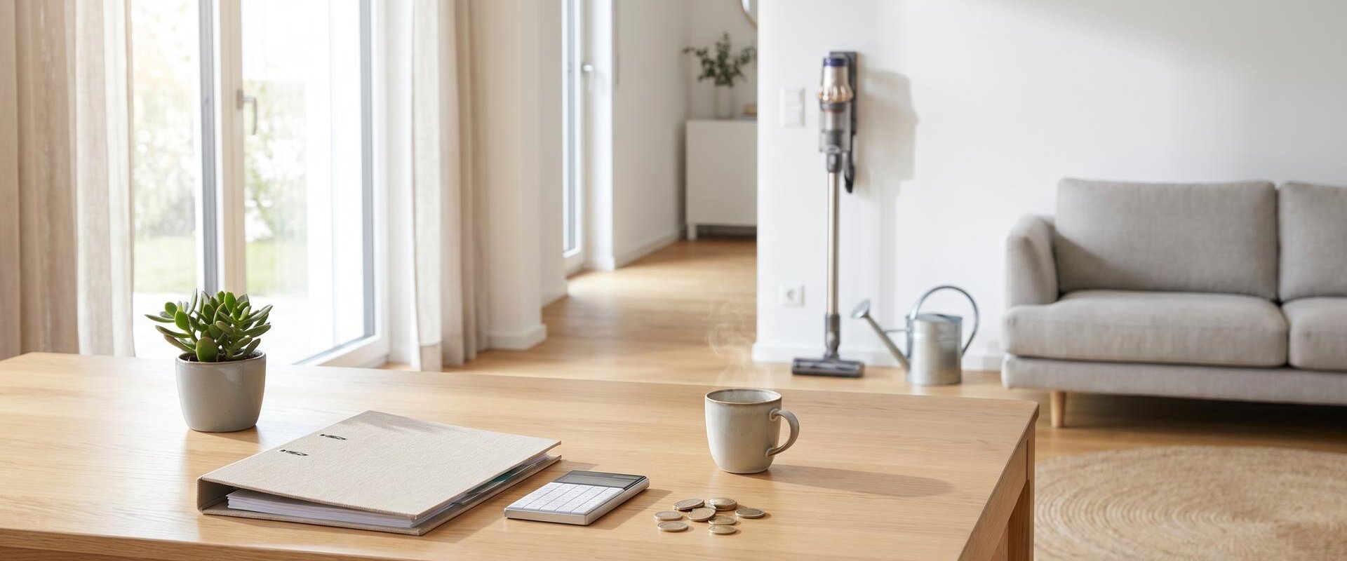Wohnzimmer mit Tisch, Budgetmappe, Taschenrechner und Staubsauger im Hintergrund
