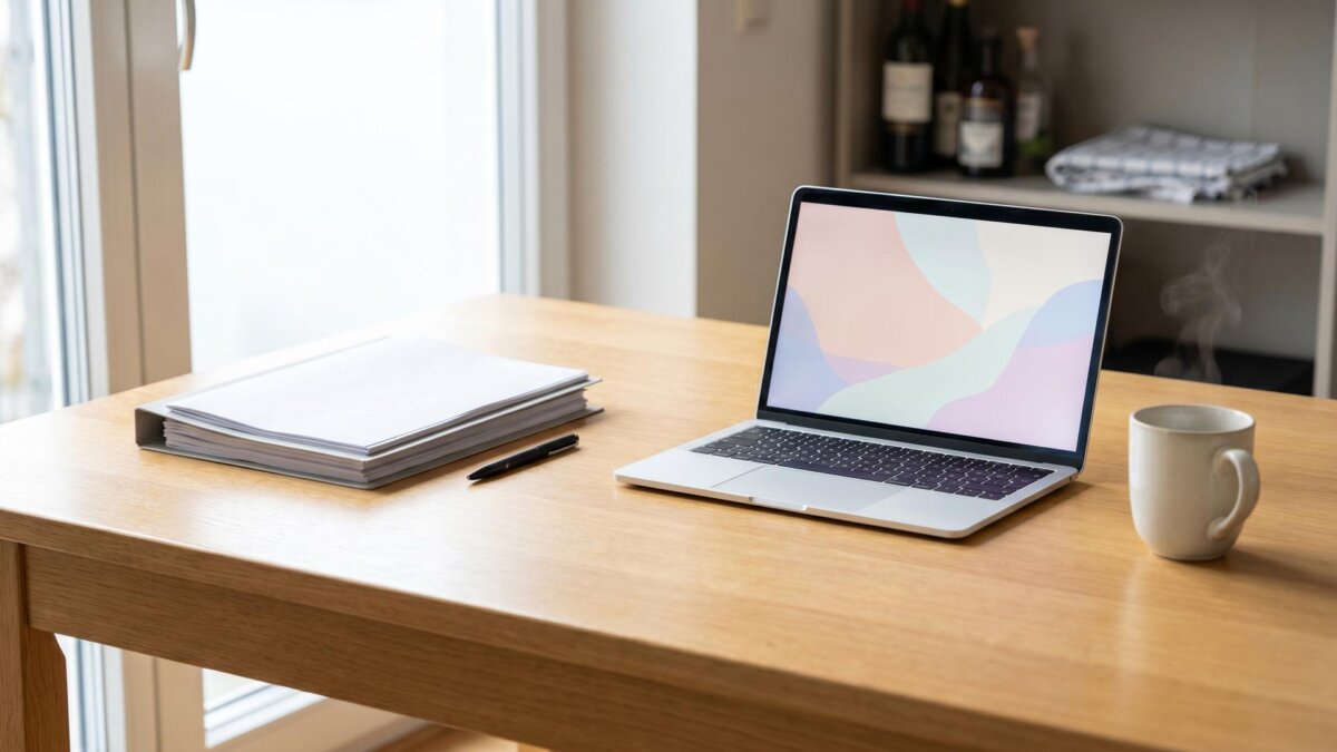 Heller Schreibtisch mit Unterlagenmappe, Stift, Laptop und Kaffeetasse