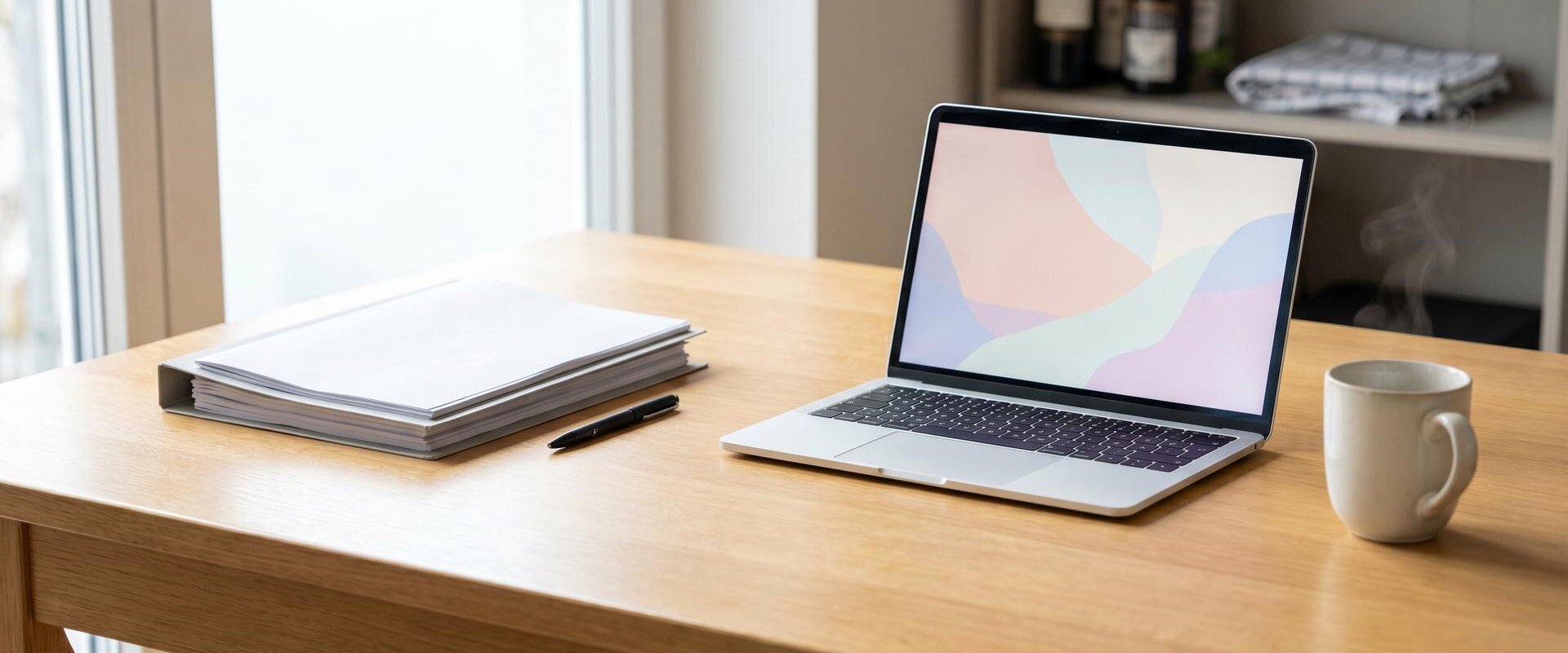 Heller Schreibtisch mit Unterlagenmappe, Stift, Laptop und Kaffeetasse
