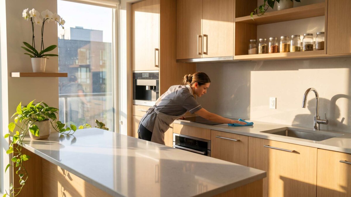 Reinigungskraft wischt eine Küchenarbeitsplatte in einer hellen Wohnung
