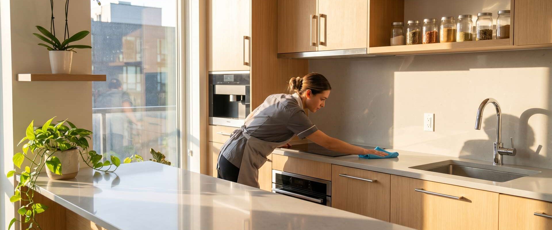 Reinigungskraft wischt eine Küchenarbeitsplatte in einer hellen Wohnung