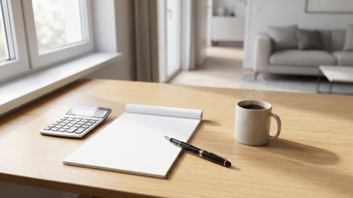 Schreibtisch mit Notizblock, Taschenrechner und Kaffeetasse zur Budgetplanung