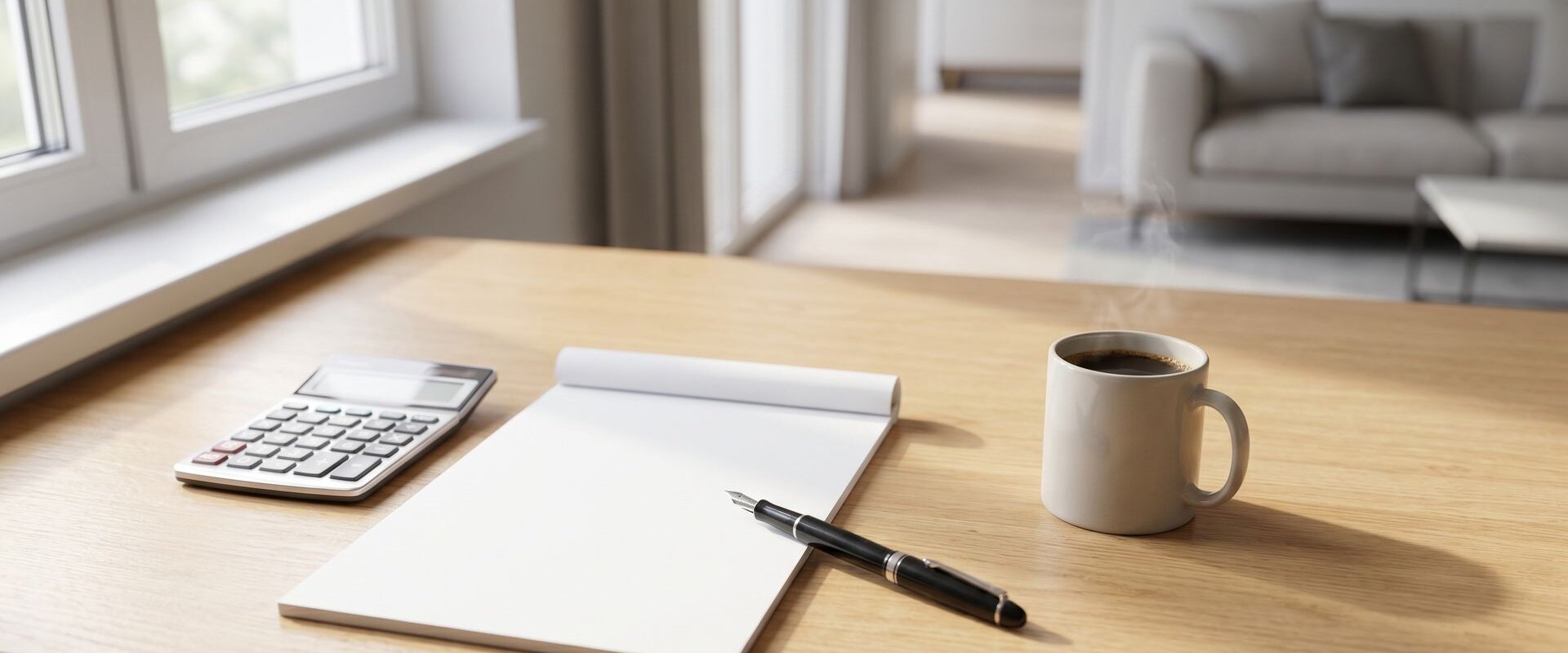 Schreibtisch mit Notizblock, Taschenrechner und Kaffeetasse zur Budgetplanung