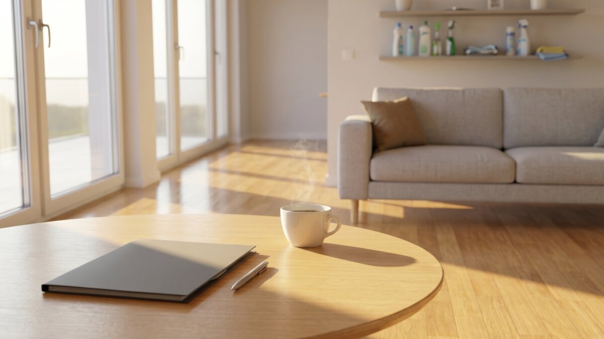 Aufgeräumter Tisch mit Unterlagenmappe und Stift in einem hellen Wohnzimmer